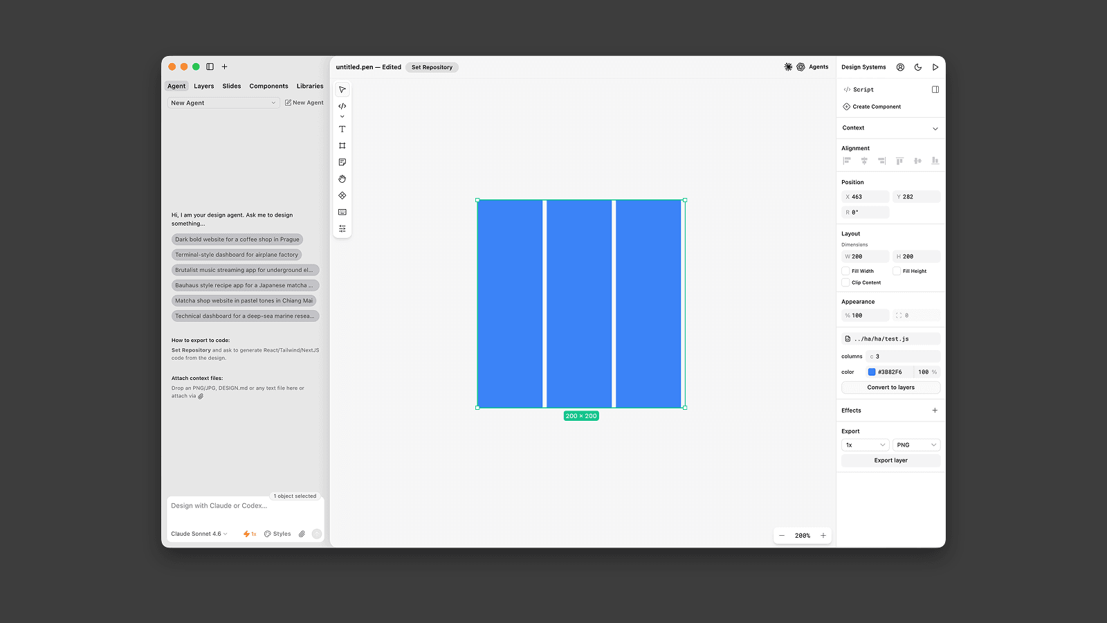 Three blue columns rendered inside a script node on the Pencil canvas